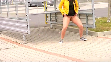 Drunk German Wife Caught Pissing at Bus Stop in Broad Daylight