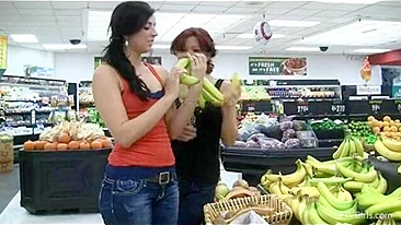 Sizzling Sunday Fuck, Massive-Titted MILF Nailed by a Horny Female Worker in a Supermarket Aisle