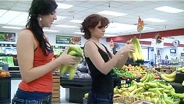Sizzling Sunday Fuck, Massive-Titted MILF Nailed by a Horny Female Worker in a Supermarket Aisle
