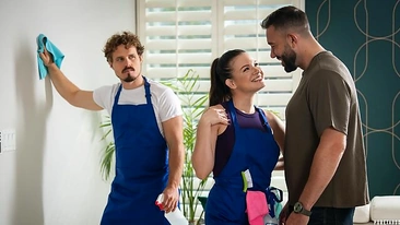 Taboo Threesome ☆ House Cleaner Ass Fucked in Front of Hubby