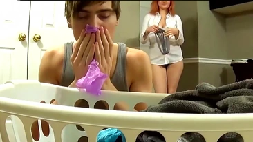 Bad Son, Panties Sniffer Fucks Stepmom's Mouth and Gives Her a Facial