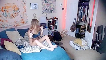 Sneaky Cam Captures Horny Sister Rubbing Her Bushy Cunt and Ass-Fingering Hard