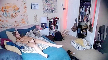 Sneaky Cam Captures Horny Sister Rubbing Her Bushy Cunt and Ass-Fingering Hard