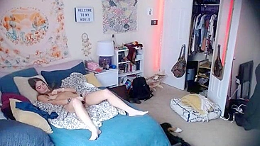 Sneaky Cam Captures Horny Sister Rubbing Her Bushy Cunt and Ass-Fingering Hard