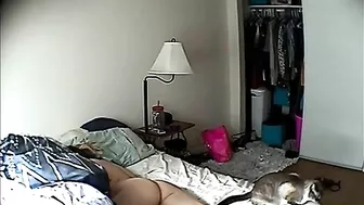 Secret Cam Catches Busty MILF Watching Porn and Getting Standing Fingering by Massive Dildo