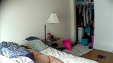 Secret Cam Catches Busty MILF Watching Porn and Getting Standing Fingering by Massive Dildo