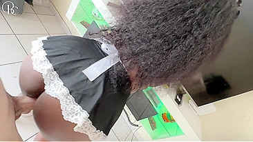 Curvy Dark-Skinned Maid Begging for Rough Anal Before Swallowing Cum