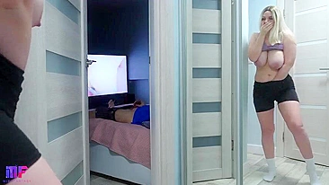 Horny Big-Titted Stepdaughter Spies on Stepdad Jerking His Fat Cock to Porn