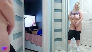 Horny Big-Titted Stepdaughter Spies on Stepdad Jerking His Fat Cock to Porn