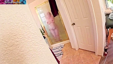Peeping Pervert Stepson Watches Slutty Stepmom Soap Up Her Tits, Strokes His Dick