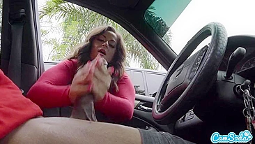 Broke college dude pays busty cougar to slob his knob in backseat, nuts hard