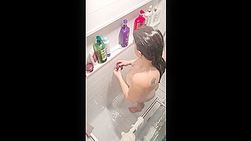 Son's sneaky cam catches milf mom's dripping snatch n fat tits shower fuck