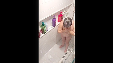 Son's sneaky cam catches milf mom's dripping snatch n fat tits shower fuck