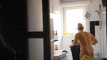 Horny son's hidden cam spies busty mom's wet tits n juicy cunt shower show