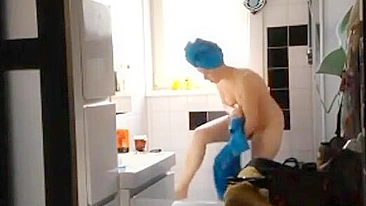 Horny son's hidden cam spies busty mom's wet tits n juicy cunt shower show