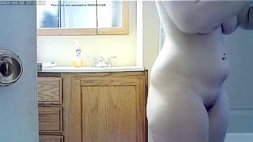 Filthy boy hides cam for mom's naked body, sloppy tits n hole in shower