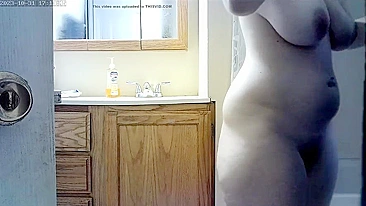 Sneaky Son's Hidden Cam Spies Busty Mom's Soapy Tits in Shower, Faps Furiously