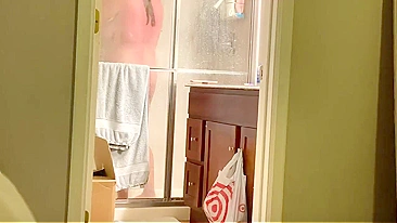 Horny Son Plants Secret Cam on Busty Mom Showering, Beats Meat Gazing at Her Cunt