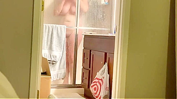 Horny Son Plants Secret Cam on Busty Mom Showering, Beats Meat Gazing at Her Cunt
