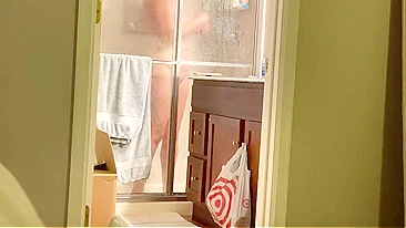 Horny Son Plants Secret Cam on Busty Mom Showering, Beats Meat Gazing at Her Cunt