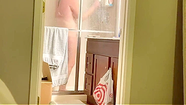 Horny Son Plants Secret Cam on Busty Mom Showering, Beats Meat Gazing at Her Cunt