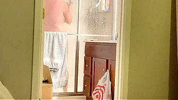 Horny Son Plants Secret Cam on Busty Mom Showering, Beats Meat Gazing at Her Cunt