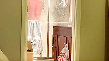 Horny Son Plants Secret Cam on Busty Mom Showering, Beats Meat Gazing at Her Cunt