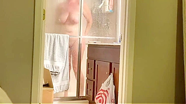 Horny Son Plants Secret Cam on Busty Mom Showering, Beats Meat Gazing at Her Cunt
