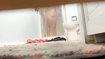 Shifty Son Spy Cams Curvy Mom's Shower Nude Show, Whacks Off Staring at Her Pussy