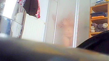 Horny Son Spy Cams Busty Mom's Wet Shower Pussy Peek & Jerks Cock to Her Fat Lips