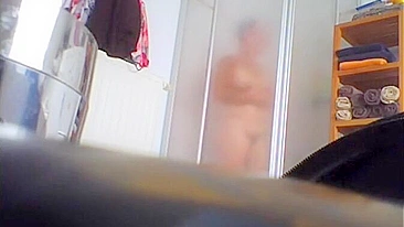 Horny Son Spy Cams Busty Mom's Wet Shower Pussy Peek & Jerks Cock to Her Fat Lips