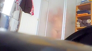 Horny Son Spy Cams Busty Mom's Wet Shower Pussy Peek & Jerks Cock to Her Fat Lips