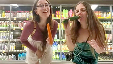 Bratty Sisters Lose Bet, Flash Wet Pussies at Supermarket and Stuff Veggies Deep