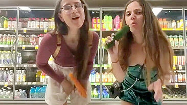 Bratty Sisters Lose Bet, Flash Wet Pussies at Supermarket and Stuff Veggies Deep