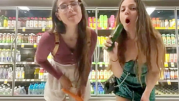 Bratty Sisters Lose Bet, Flash Wet Pussies at Supermarket and Stuff Veggies Deep