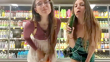 Bratty Sisters Lose Bet, Flash Wet Pussies at Supermarket and Stuff Veggies Deep