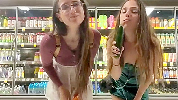 Bratty Sisters Lose Bet, Flash Wet Pussies at Supermarket and Stuff Veggies Deep