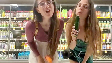 Bratty Sisters Lose Bet, Flash Wet Pussies at Supermarket and Stuff Veggies Deep