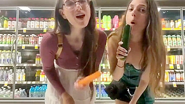 Bratty Sisters Lose Bet, Flash Wet Pussies at Supermarket and Stuff Veggies Deep
