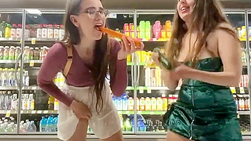 Bratty Sisters Lose Bet, Flash Wet Pussies at Supermarket and Stuff Veggies Deep