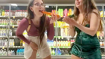 Bratty Sisters Lose Bet, Flash Wet Pussies at Supermarket and Stuff Veggies Deep
