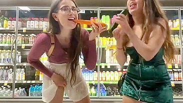 Bratty Sisters Lose Bet, Flash Wet Pussies at Supermarket and Stuff Veggies Deep