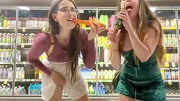Bratty Sisters Lose Bet, Flash Wet Pussies at Supermarket and Stuff Veggies Deep
