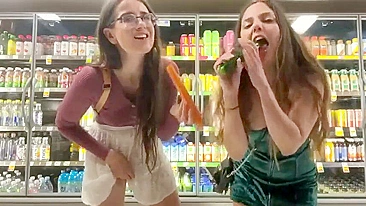 Bratty Sisters Lose Bet, Flash Wet Pussies at Supermarket and Stuff Veggies Deep