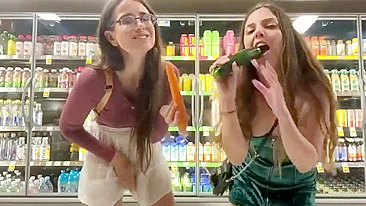 Bratty Sisters Lose Bet, Flash Wet Pussies at Supermarket and Stuff Veggies Deep